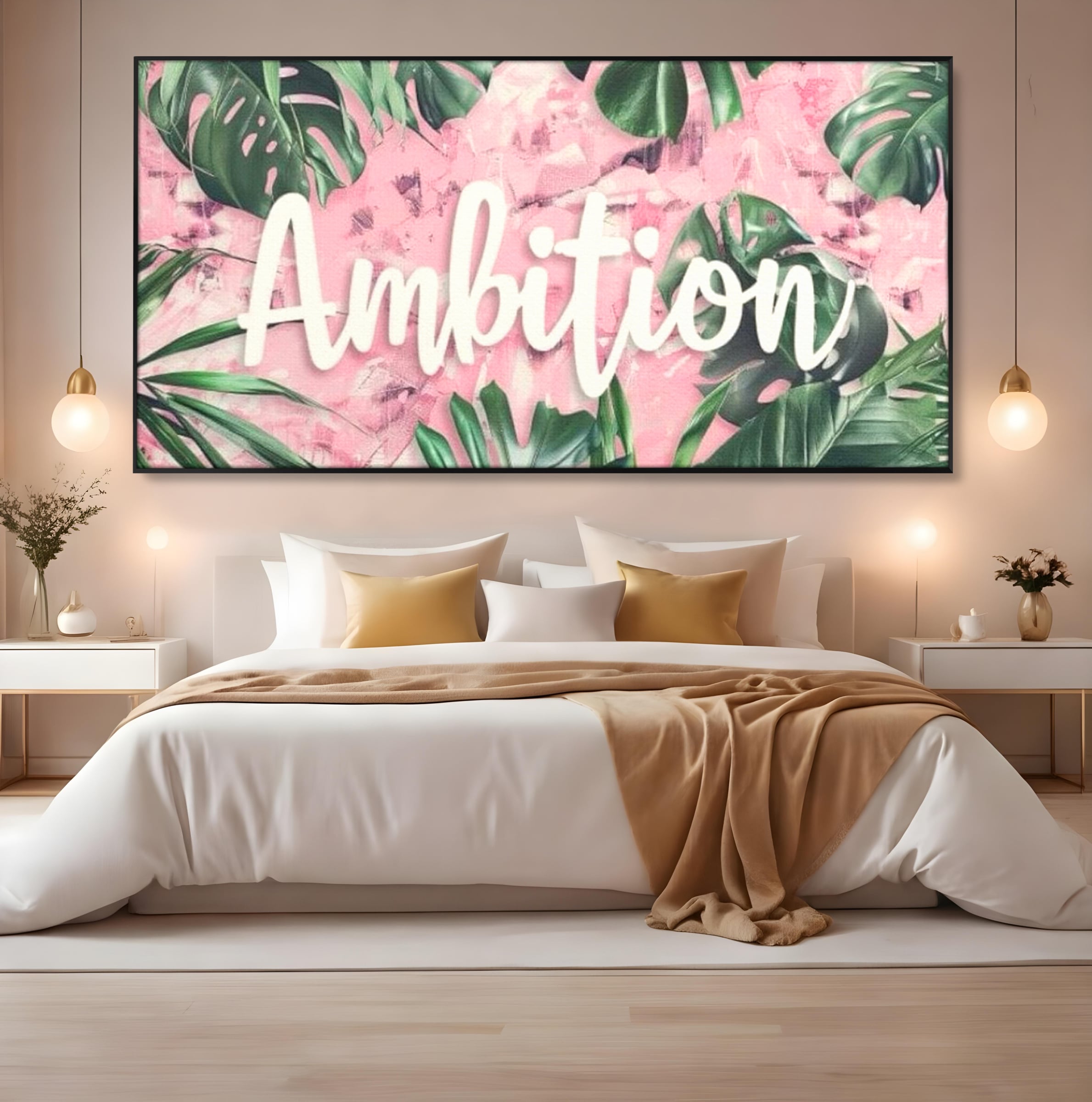 Tablou canvas cu tablou canvas cu frunze tropicale si text, in rama de aluminiu negru, pe perete intr-un dormitor
